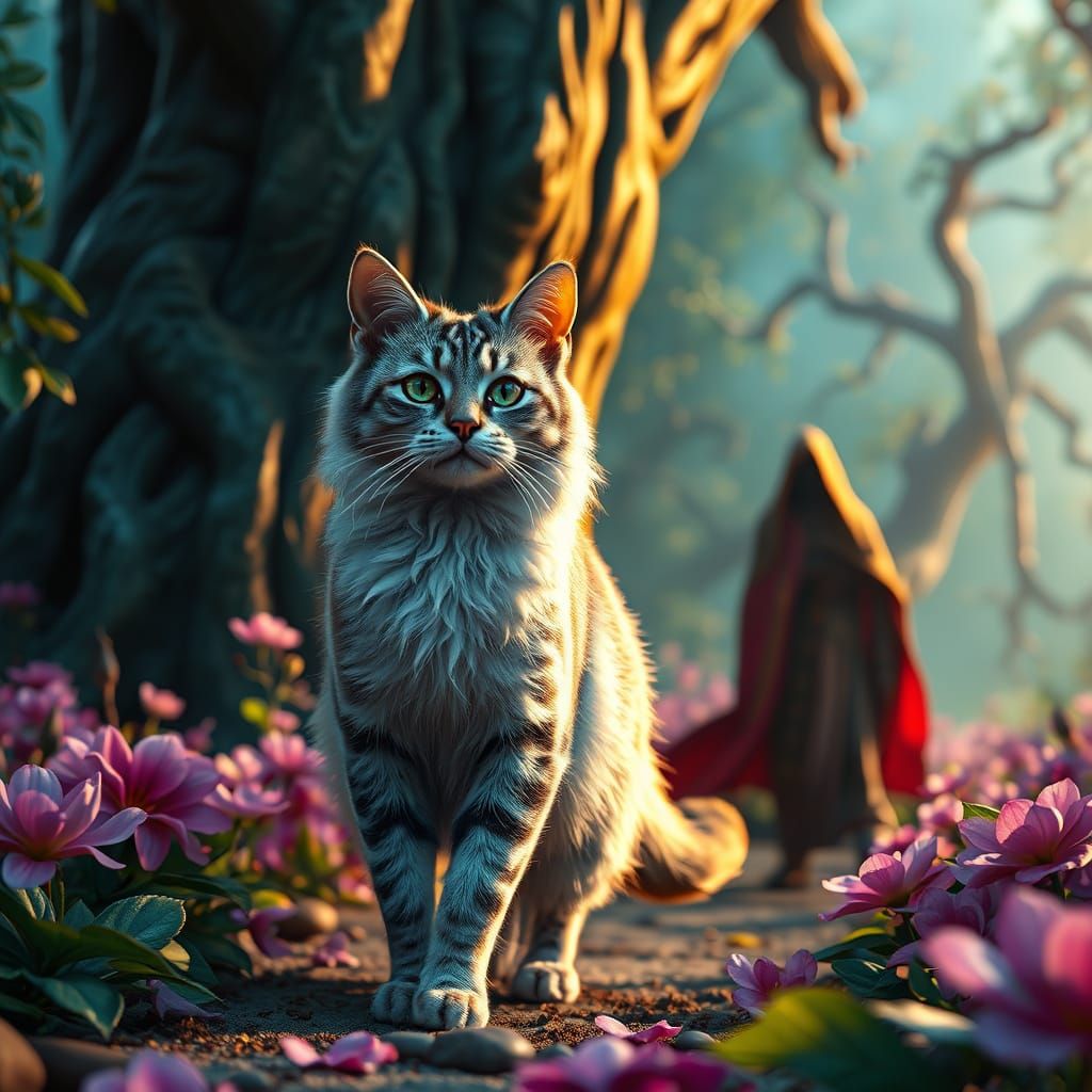 Majestic Cat Walks Beside Mystical Owner in Vibrant Fantasy ...