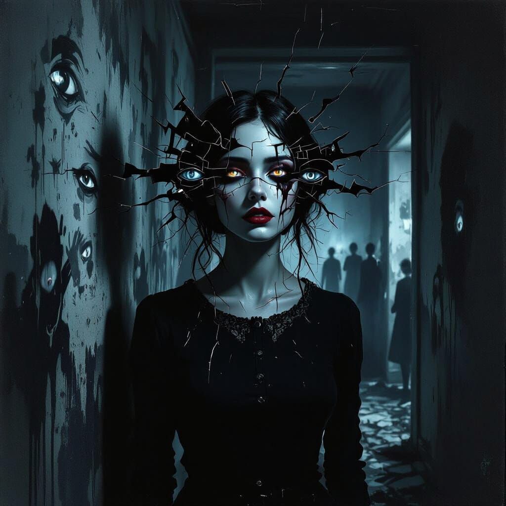 Fragmented Woman in Nightmarish Horror Room
