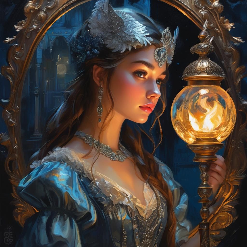 Flame-Haired Maiden in Moonlit Castle Corridor