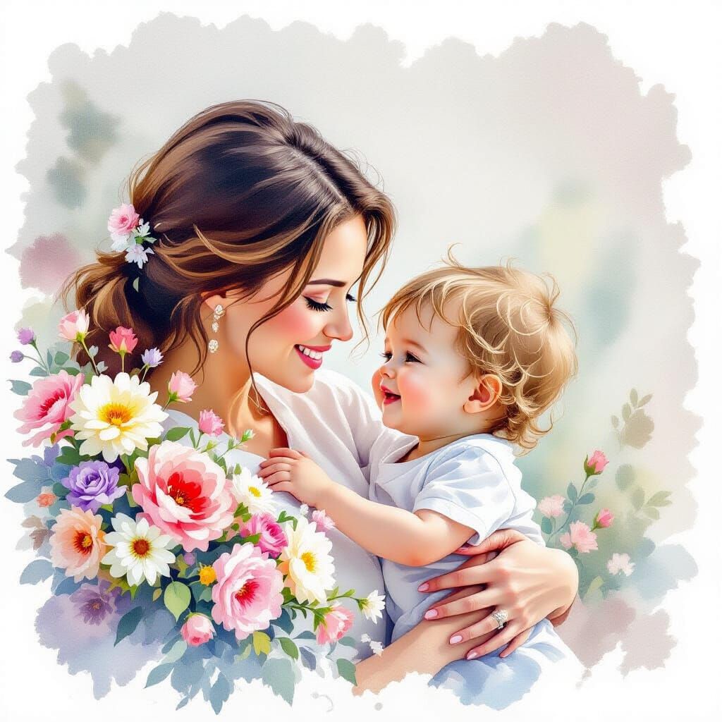 Mother's Day Watercolour: Baby Brother and Flowers