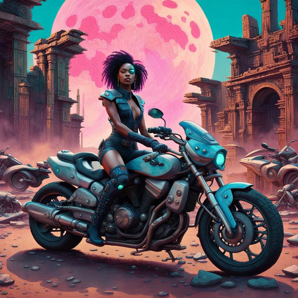 Cyberpunk Woman on Motorcycle Amidst Ancient Ruins