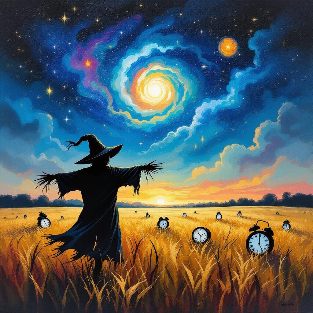 Surreal Scarecrow in Dreamscape as Gouache Painting