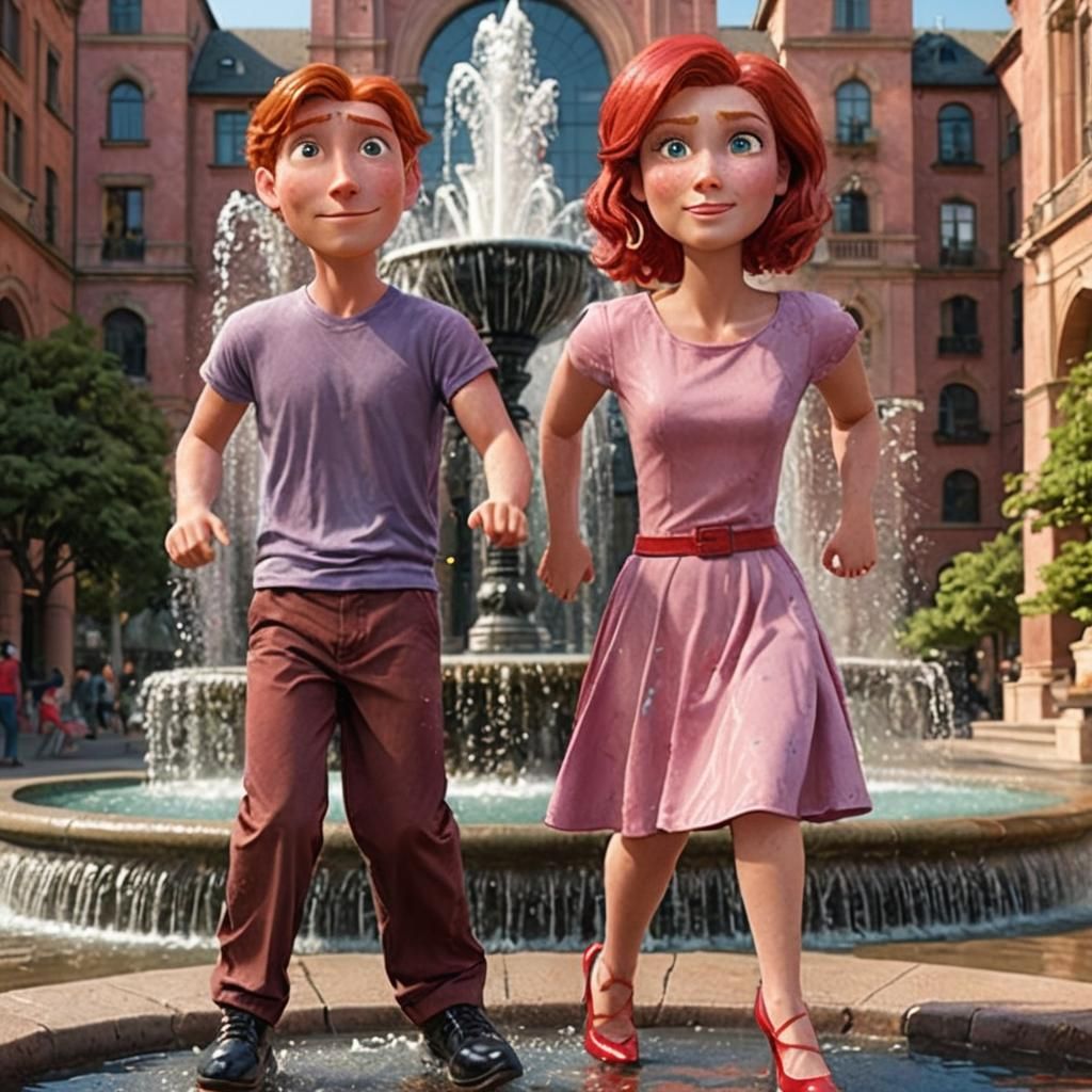 Couple at City Fountain, Fantasy Concept Art
