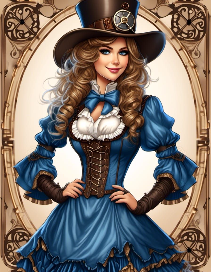 Steampunk Woman Portrait in Blue Dress