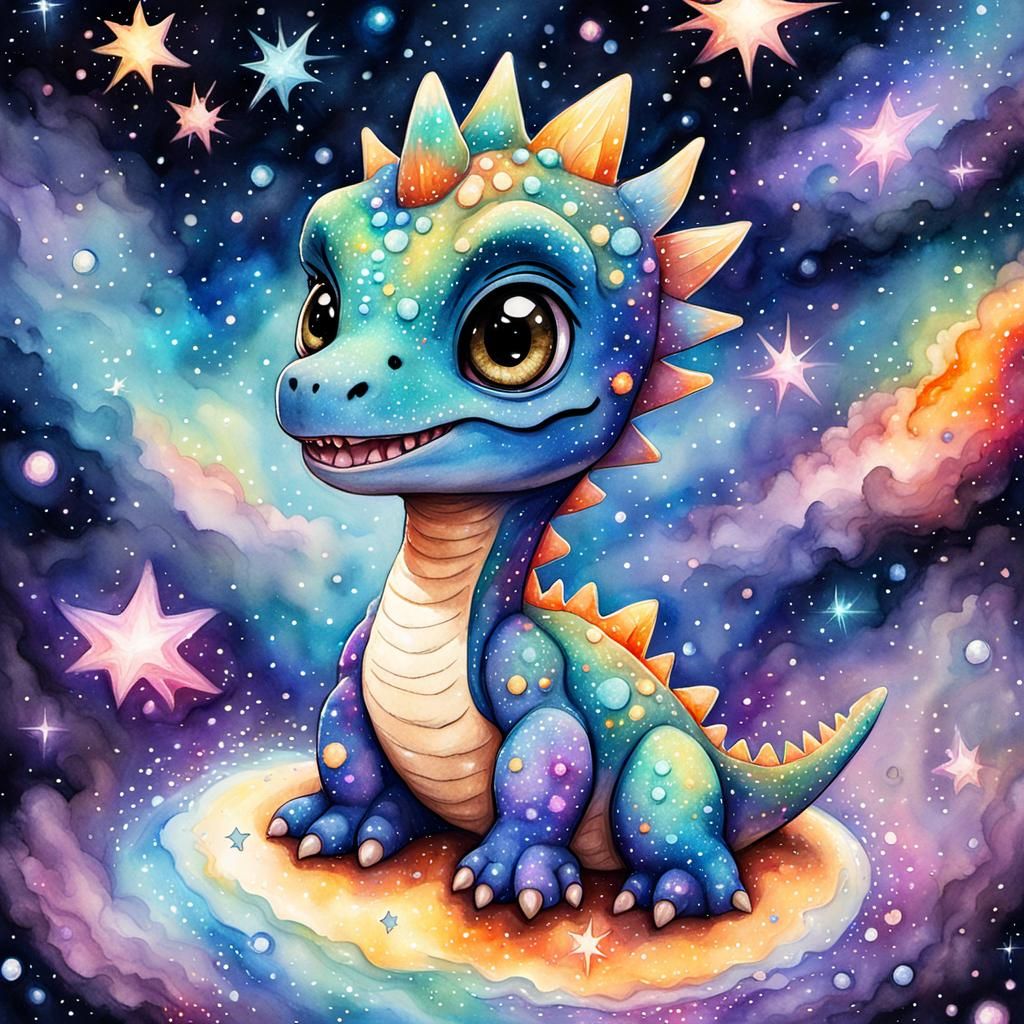 Adorable Sparkling Baby Dinosaur in Watercolor Nebula