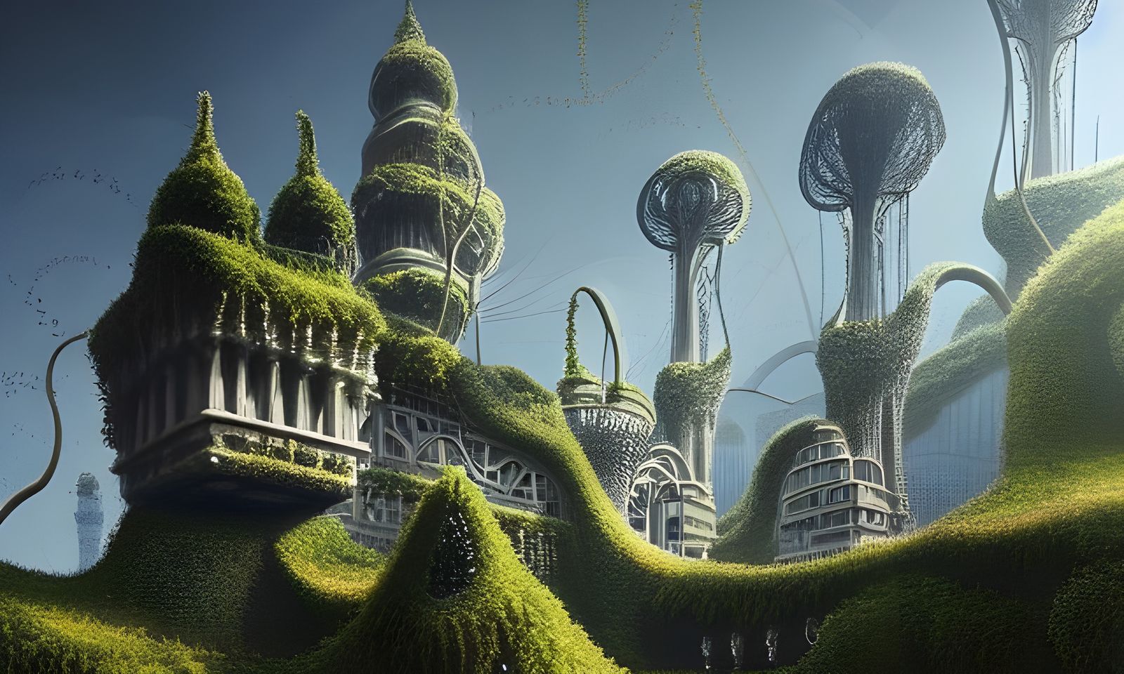 Moss-Covered Surreal Concrete Architecture in 3D