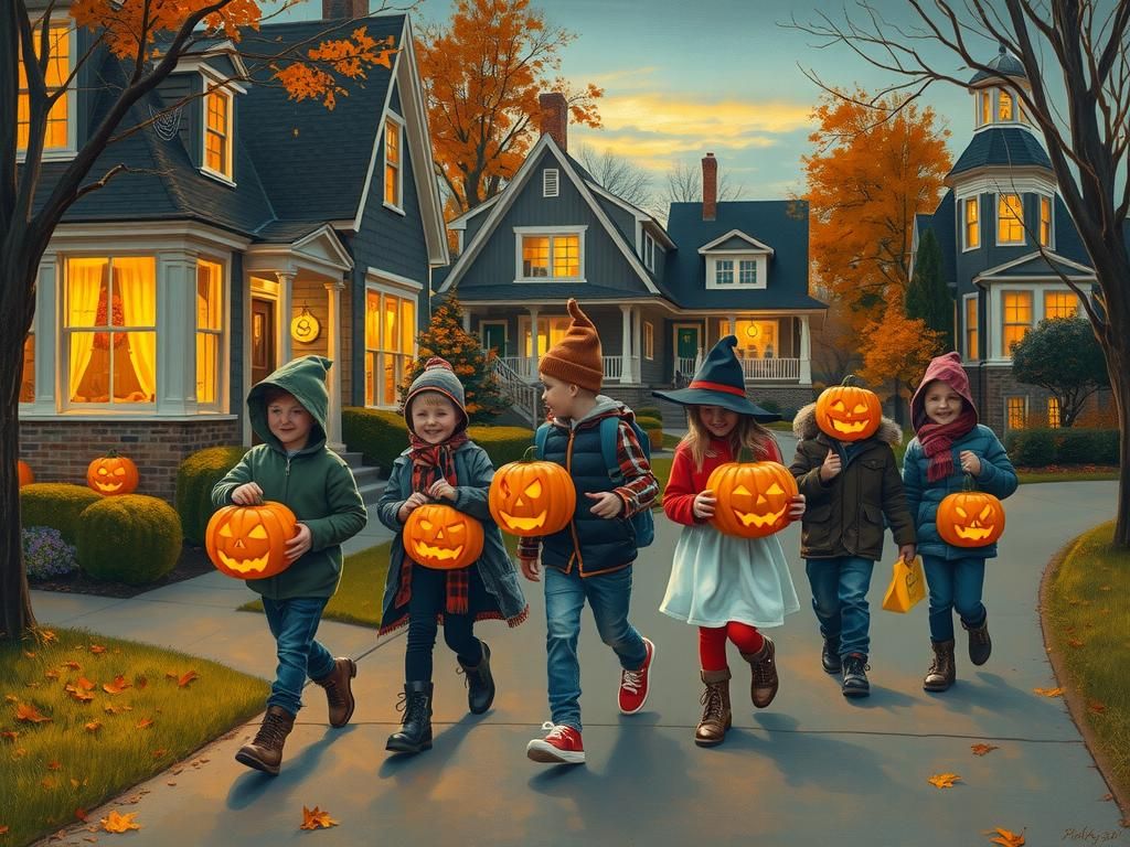 Children Trick-or-Treating on Halloween Evening