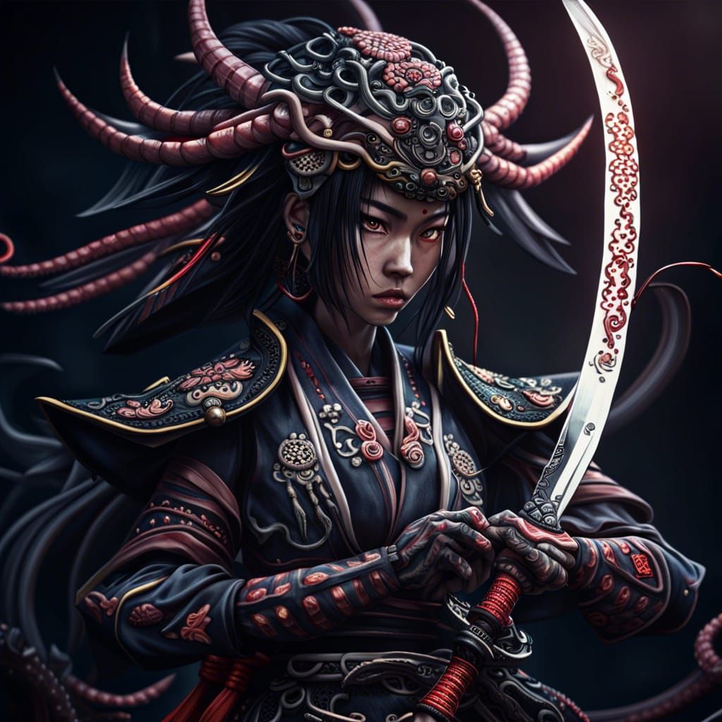 Anime Alien Samurai with Severed Head, Hyperrealistic