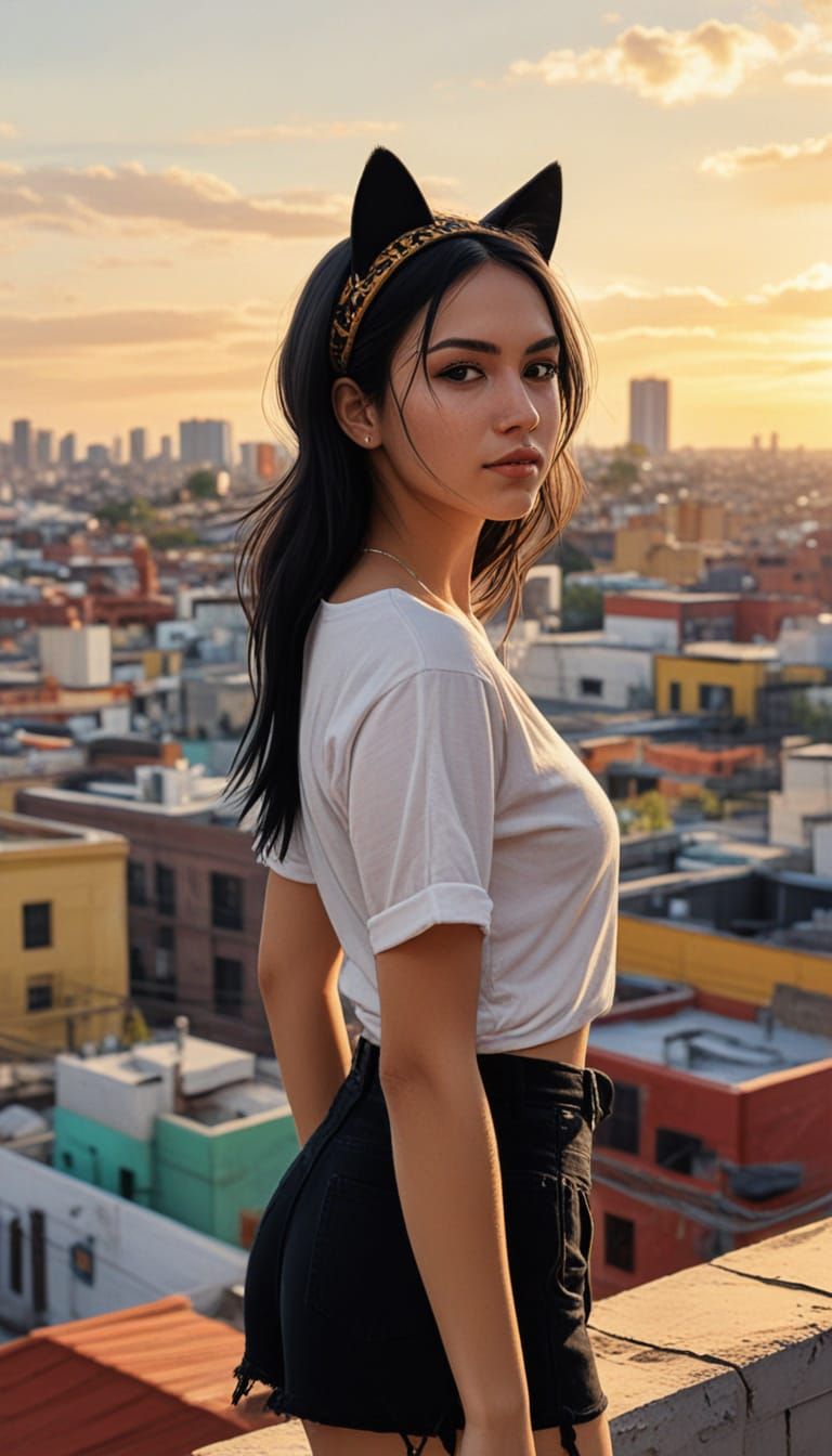 Mexican Girl with Cat Ears on Rooftop in Oil Painting Style