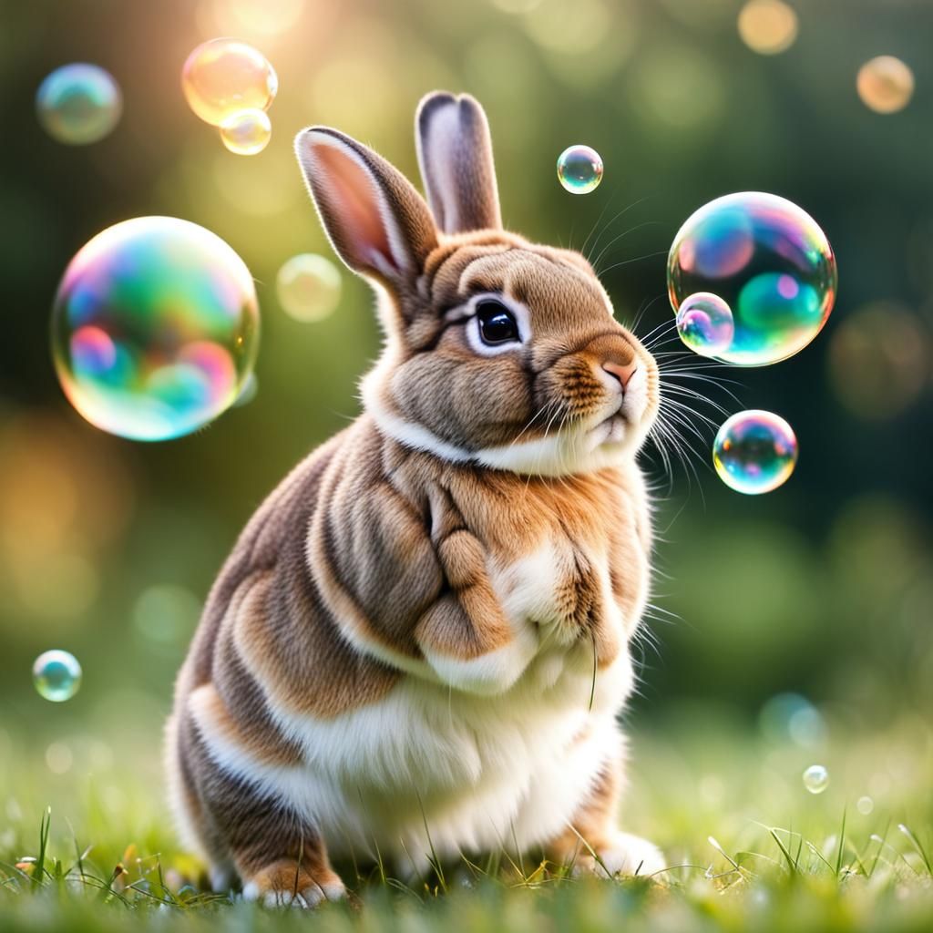 Bouncing bunny blowing bubbles, Burton, beautiful bokeh