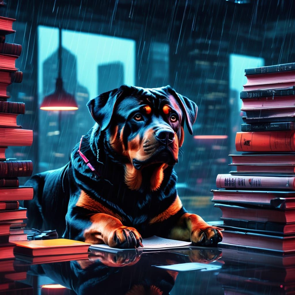 Rottweiler Detective in Cyberpunk Cityscape