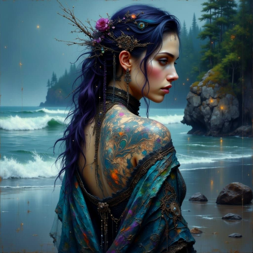 Ethereal Tattooed Goddess on a Starry Beach