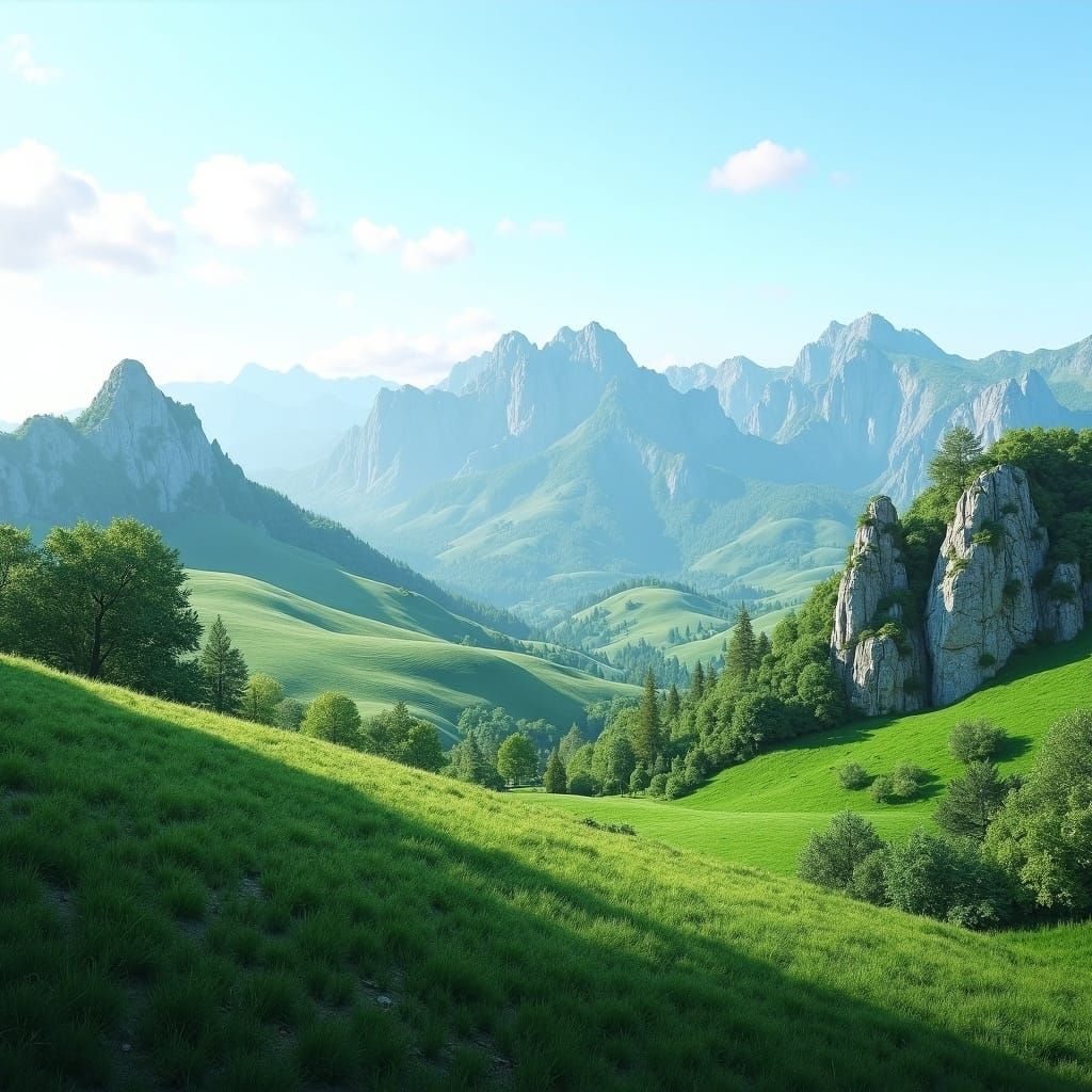 Hyperrealistic Nature Scene: Green Hills and Majestic Mounta...