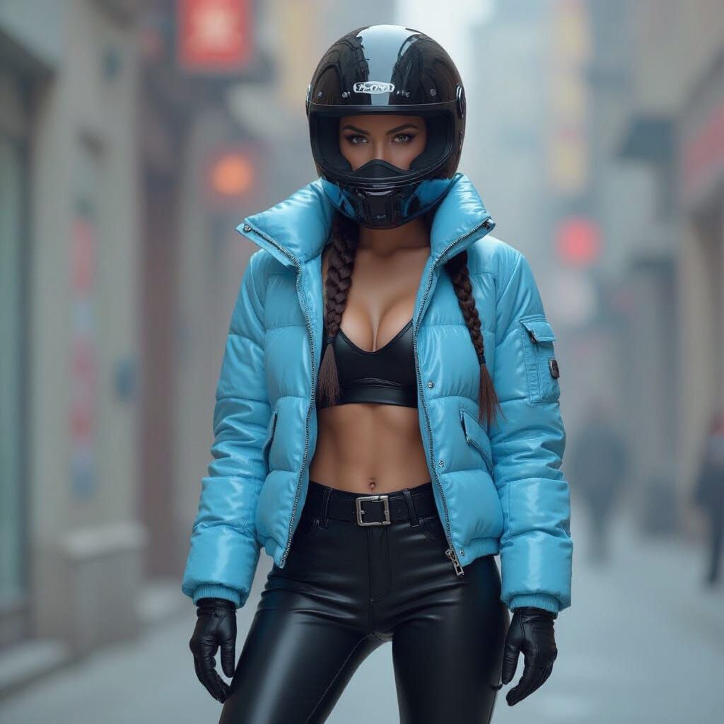 Motorcycle Girl in Cyberpunk Style Helmet and Leather