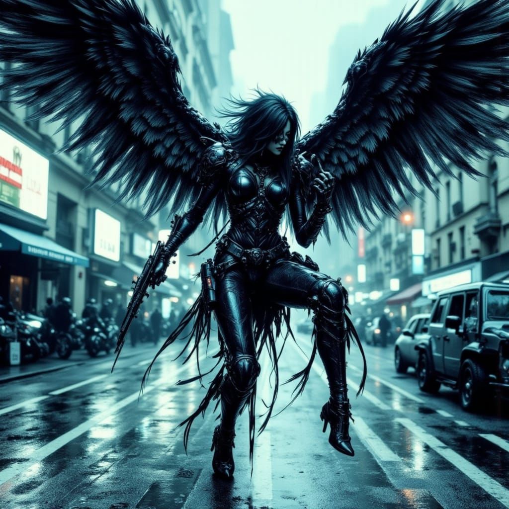 Kinky Cyber Angel Runs in Gothic Urban Style