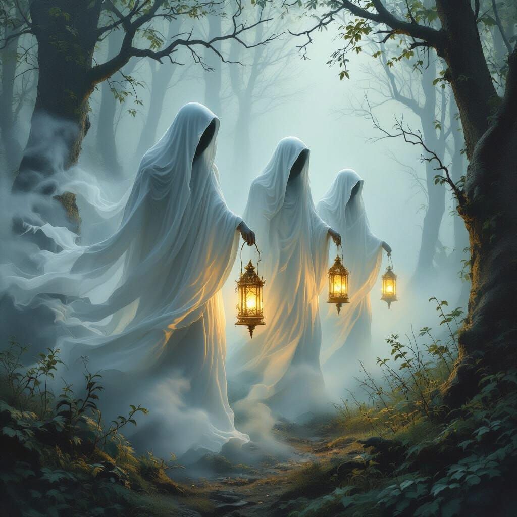 Ethereal Spirits with Lanterns in Mystical Forest