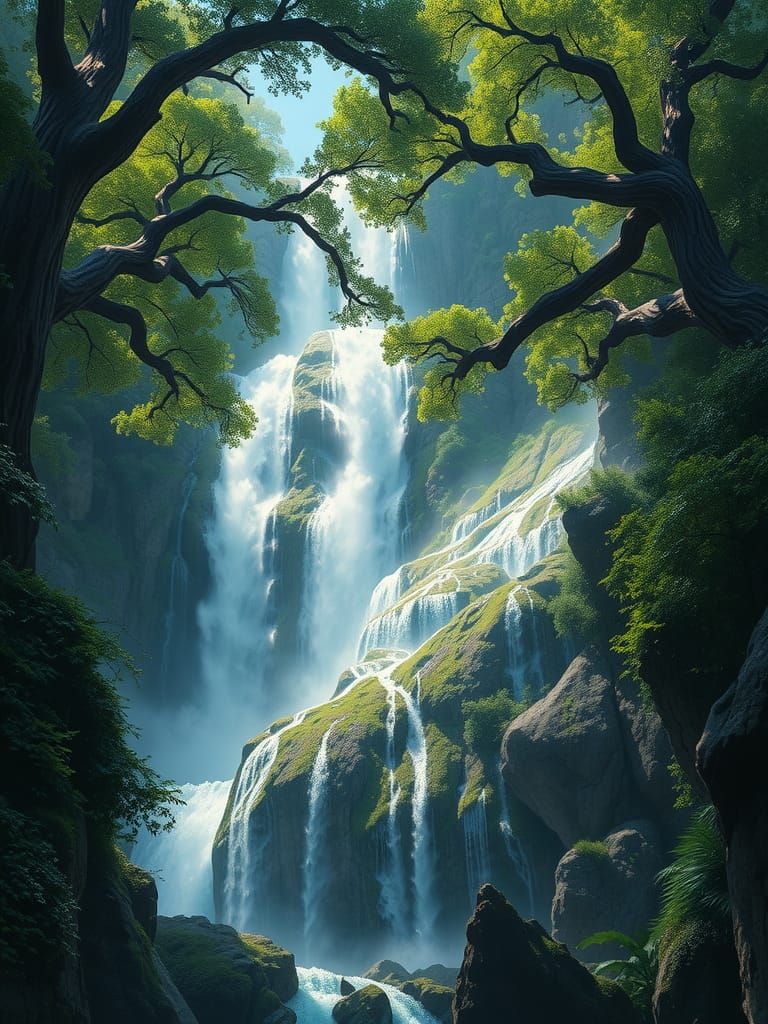 Majestic Waterfall in Lush Forest