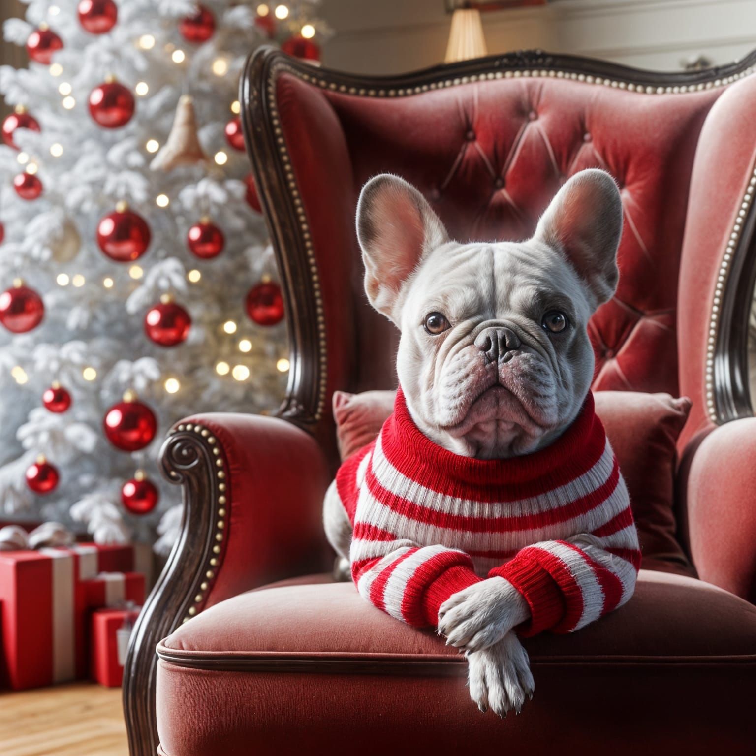Festive French Bulldog in Red Armchair