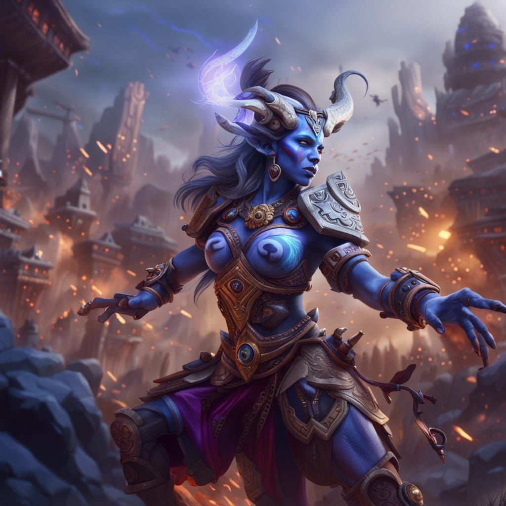 Draenei Shaman Battles Above City: Fantasy Art
