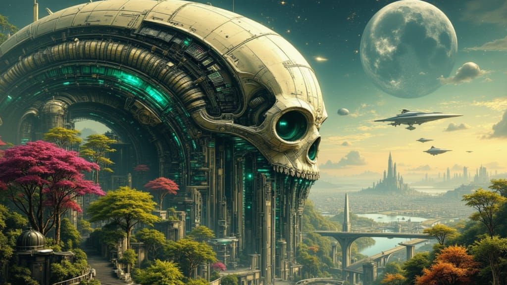 Alien Metropolis on Colossal Skull in Verdant Jungle