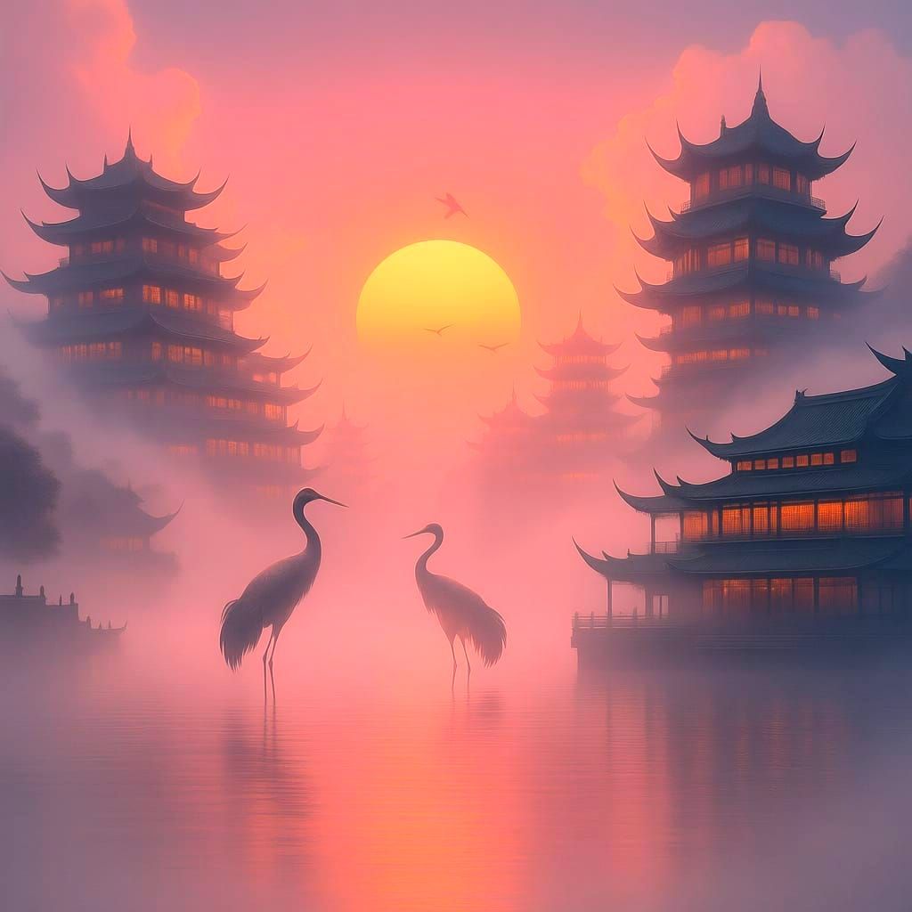 Cranes Silhouetted Against Red Sunset Sky on Yangtze River