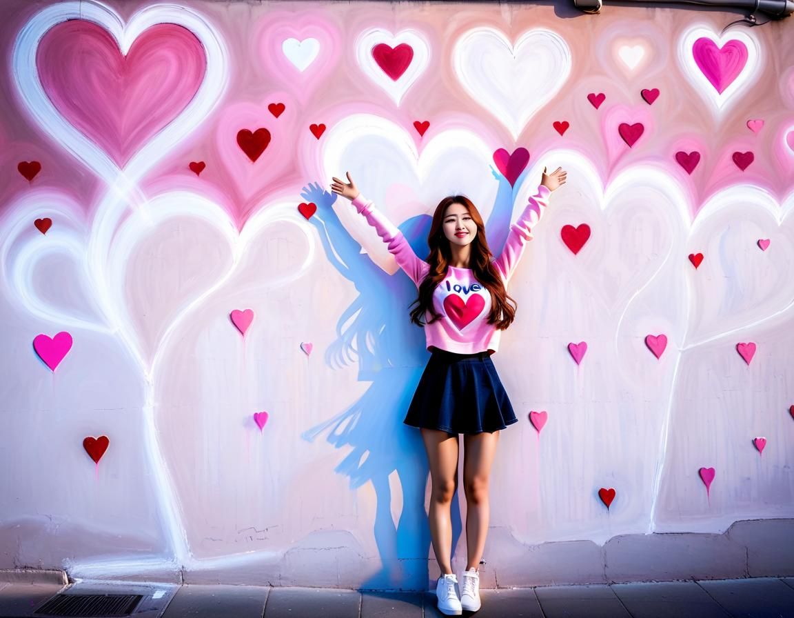 Korean Girl Chalk Art with Hearts and Light