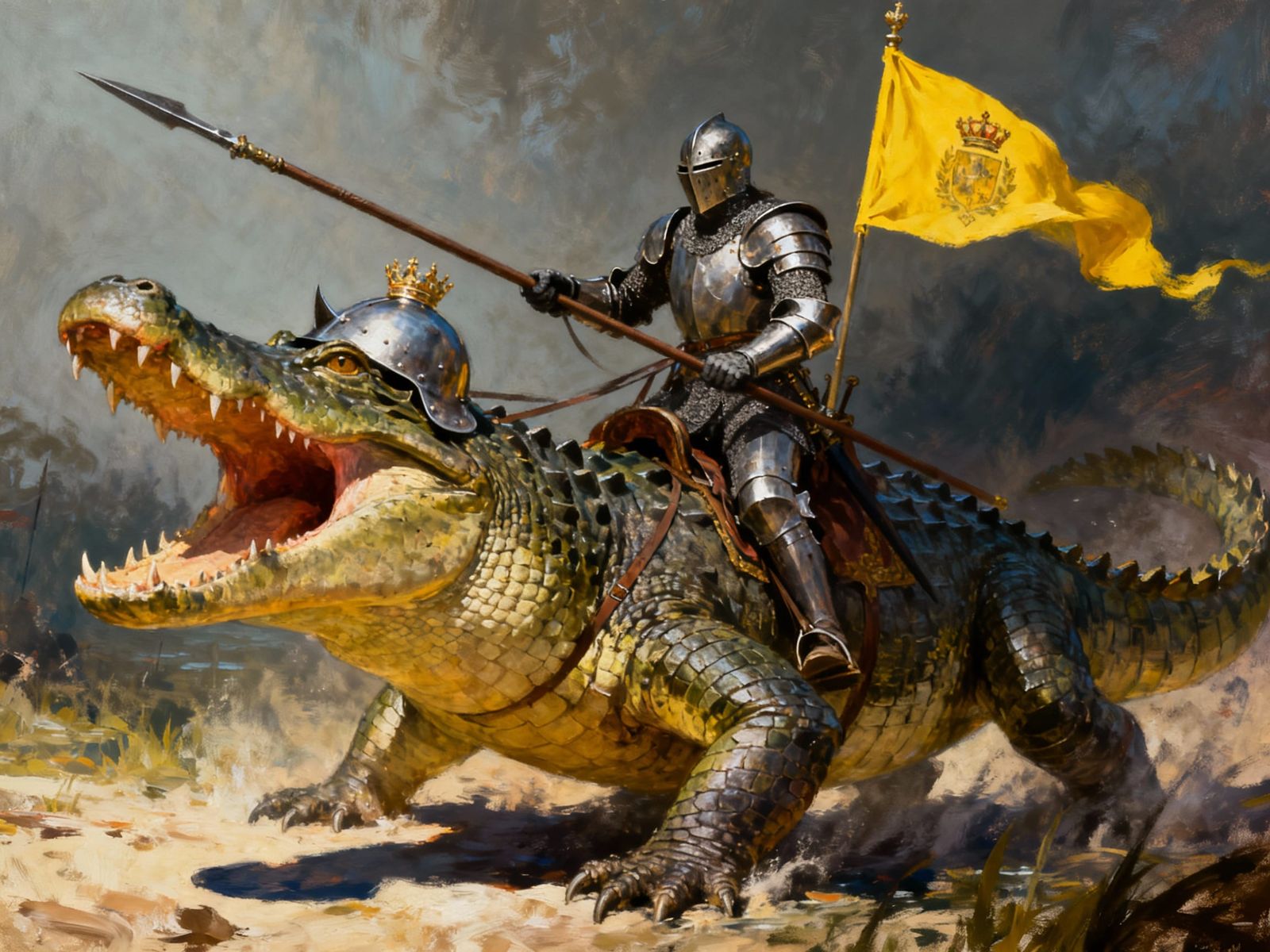Knight on Alligator Steed in Epic Battle Charge