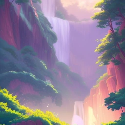 Waterfall and Mountains in Anime Style
