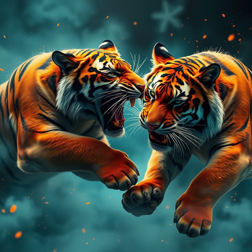 Epic Tiger Duel in Vibrant, Dreamlike Environments
