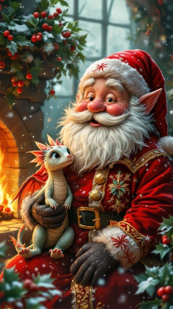 Chubby Santa Gnome and Baby Dragons by Fireplace