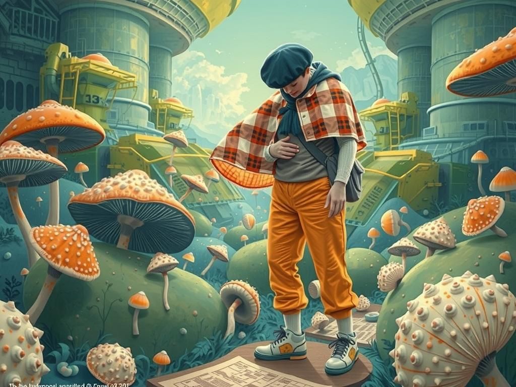 Porcelain Workers Tend Giant Mushrooms in Surreal Scene