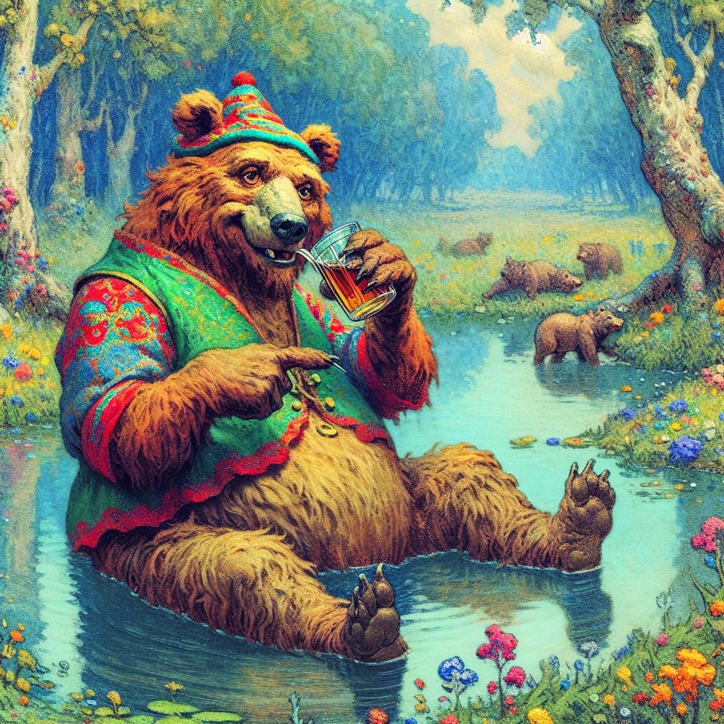 Tipsy Bear in Pond, Children's Book Illustration