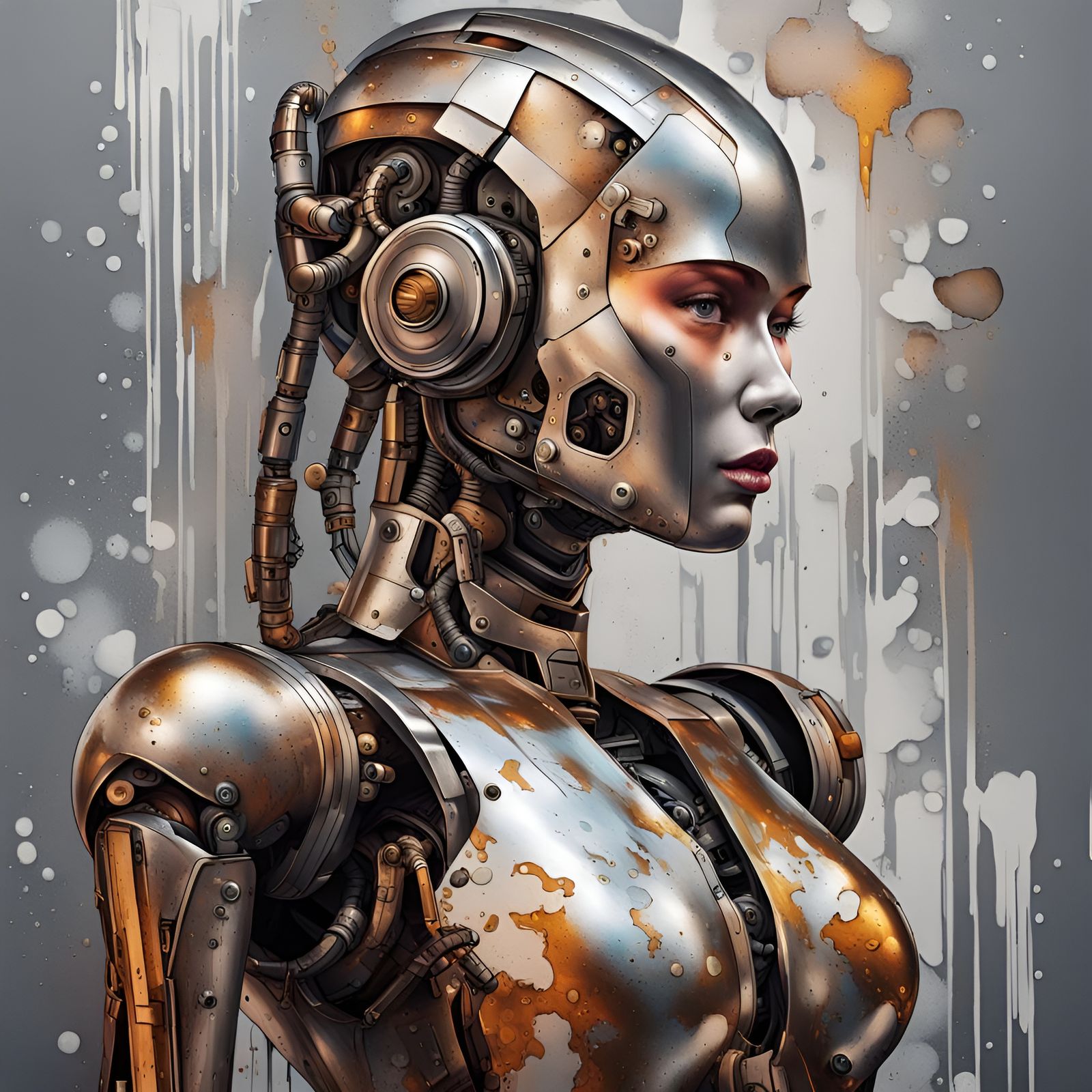 Futuristic Female Robot Warrior in Graffiti Art Style