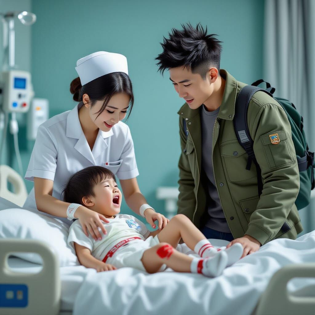 Chinese Nurse Tends to Injured Child in Hospital