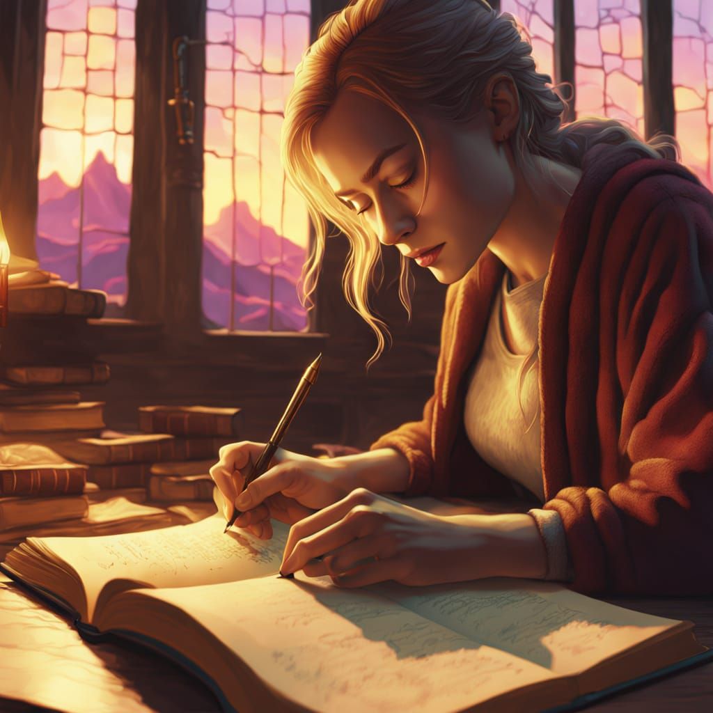 Woman Writing in Book with Golden Light