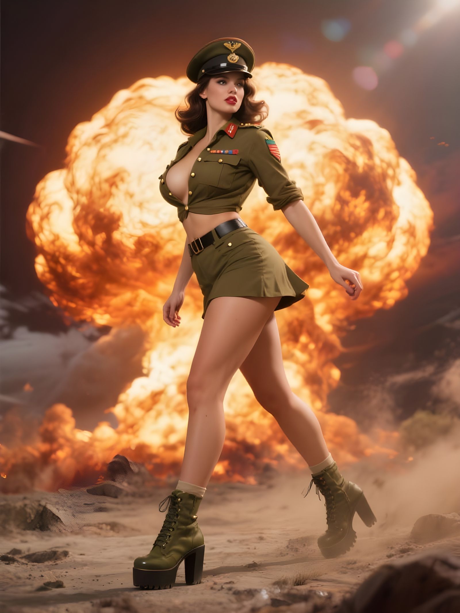 Pin-Up Girl Struts Past Mushroom Cloud Explosion
