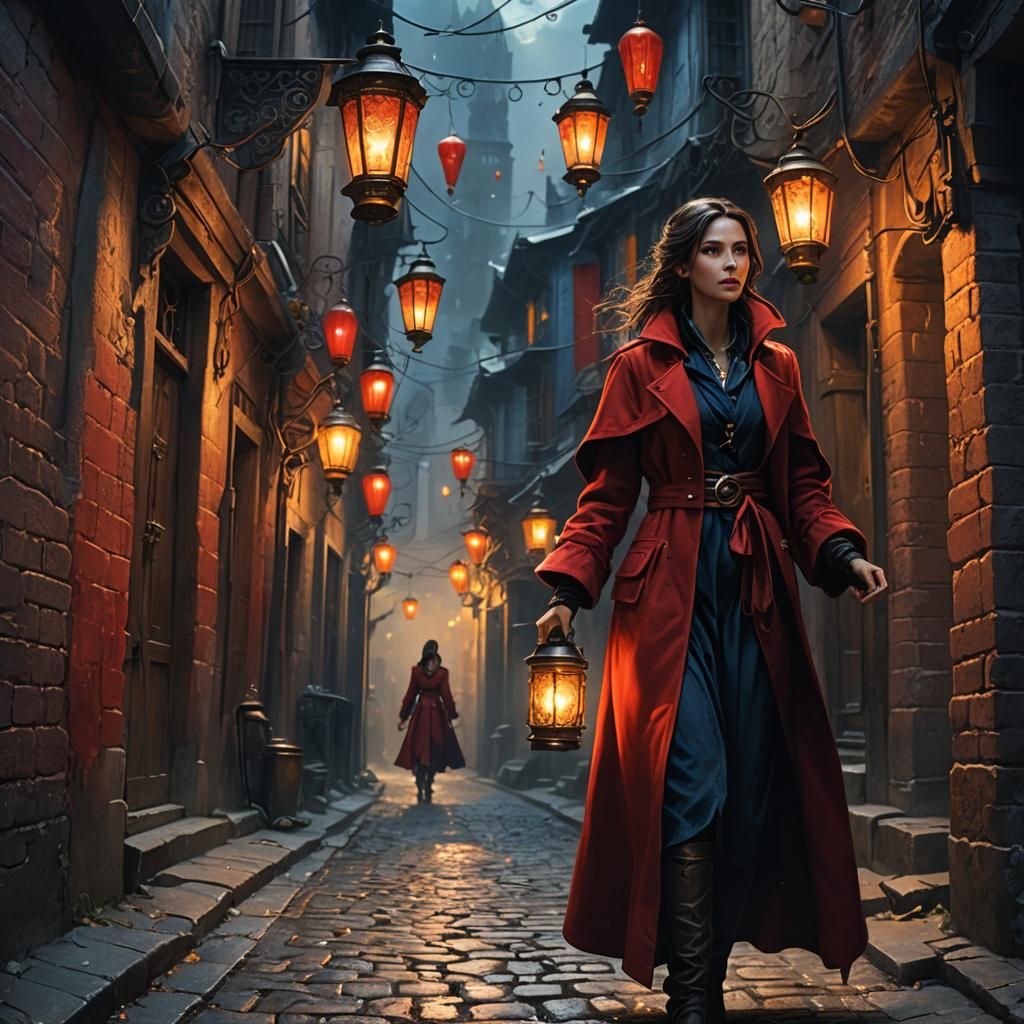 Fantasy Sorceress in Alleyway with Swirling Magic