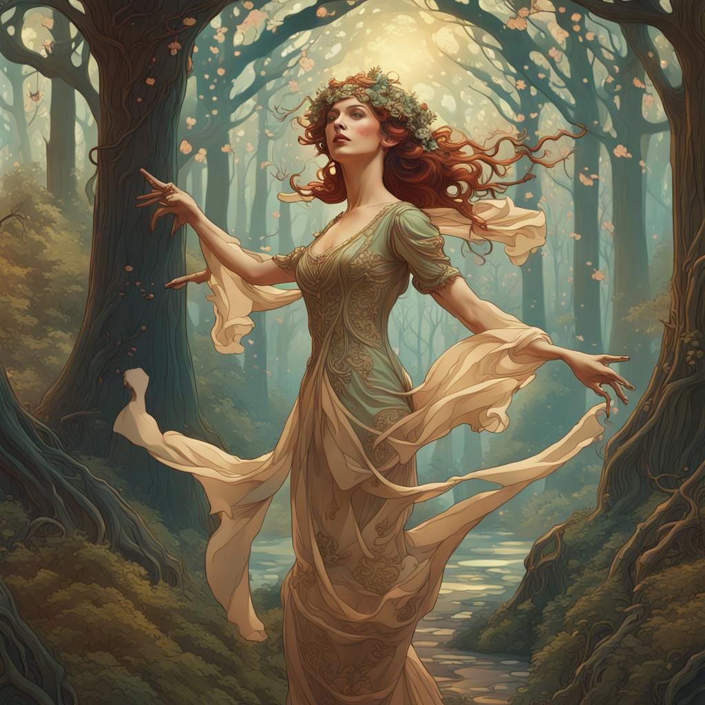 Art Nouveau Woman Dancing in Surreal Woodland