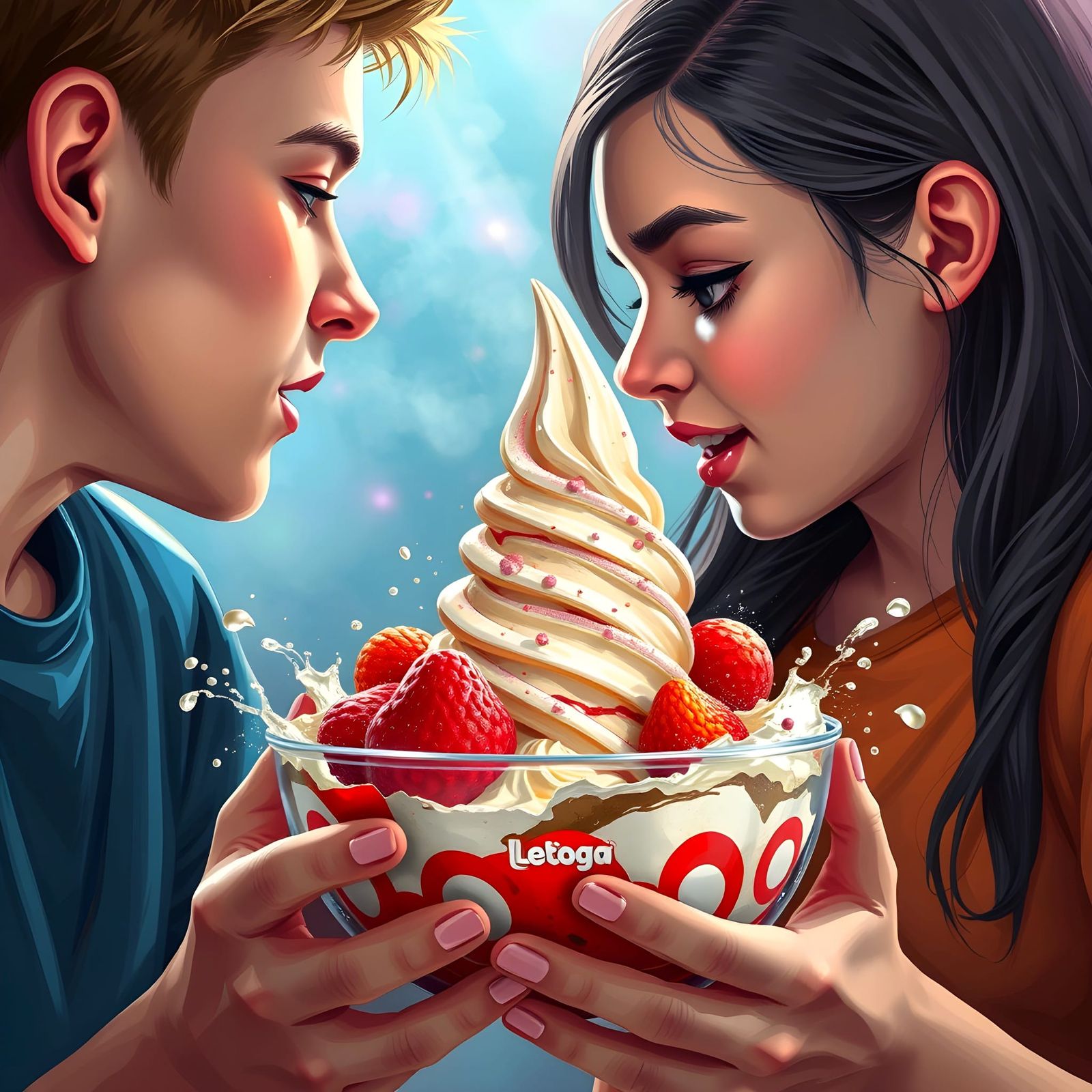 Hyperrealistic Image of Two Sharing Ice Cream