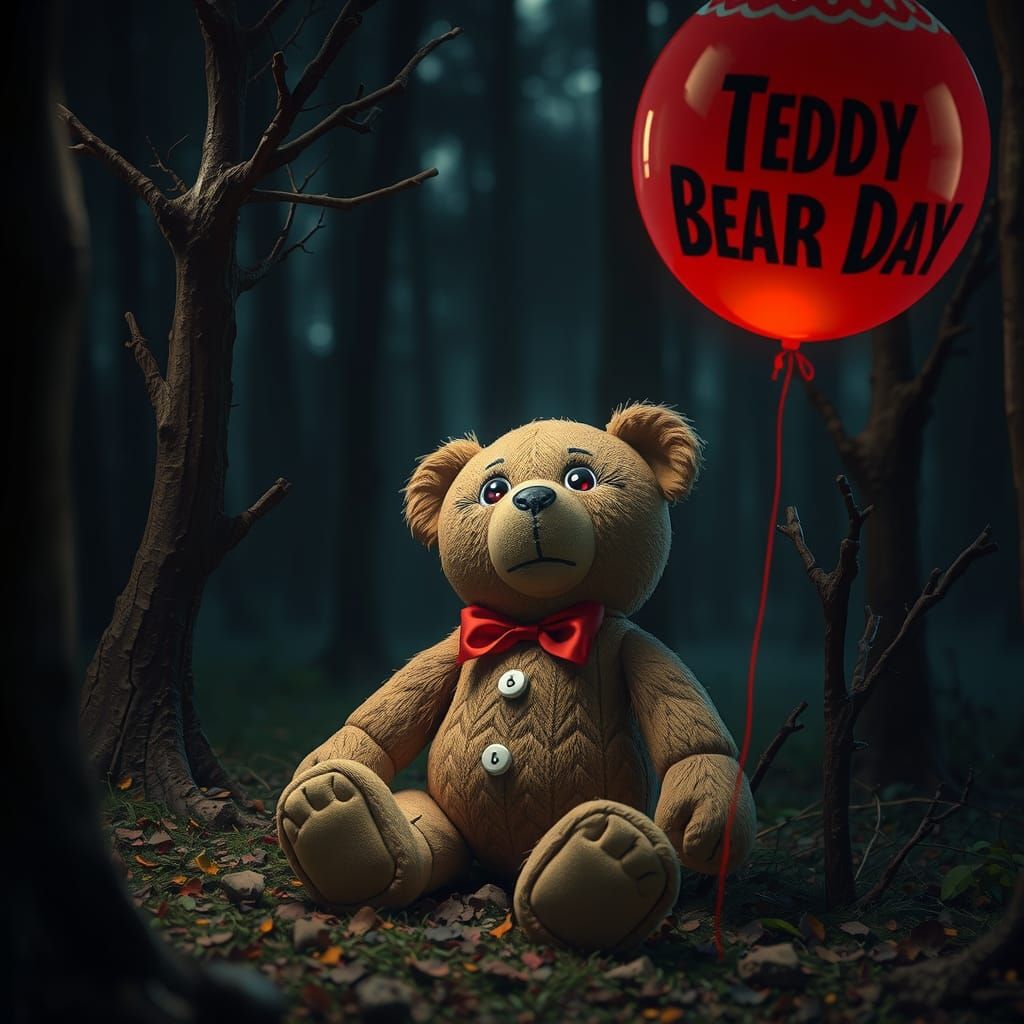 Abandoned Teddy Bear in Dark Forest, Detailed Concept Art