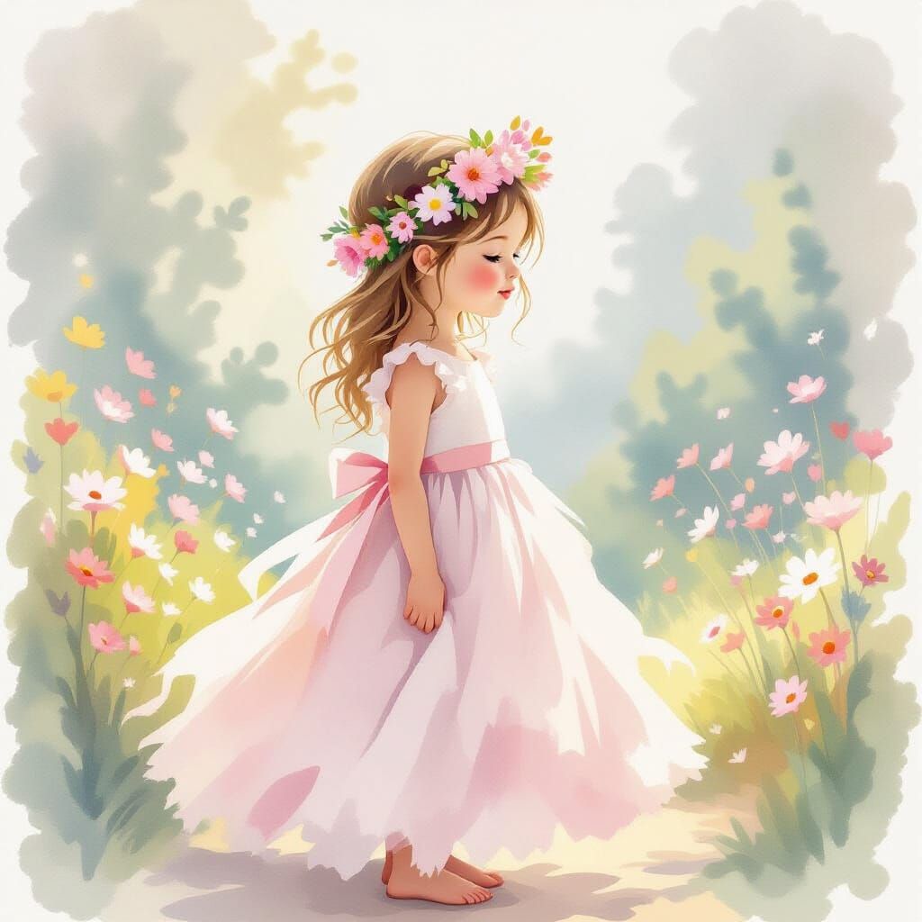 Childlike Watercolor Girl with Flower Crown and Pink Dress