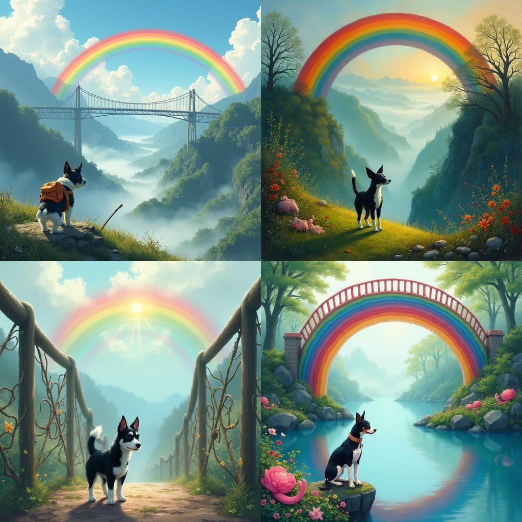Vibrant Rainbow Bridge with Loyal Black and White Companion