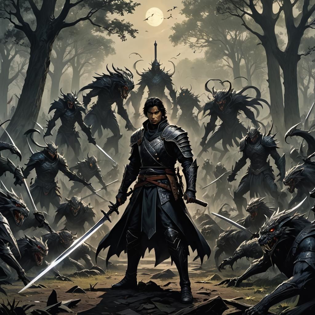 Swordsman in a Dark Park: Fantasy Concept Art