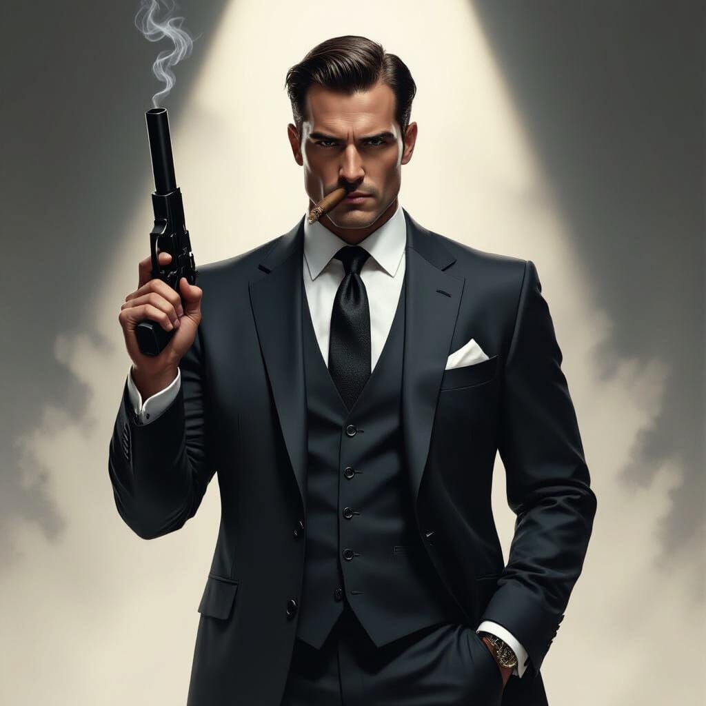 Noir-Inspired Man in Suit Holding Gun and Cigar