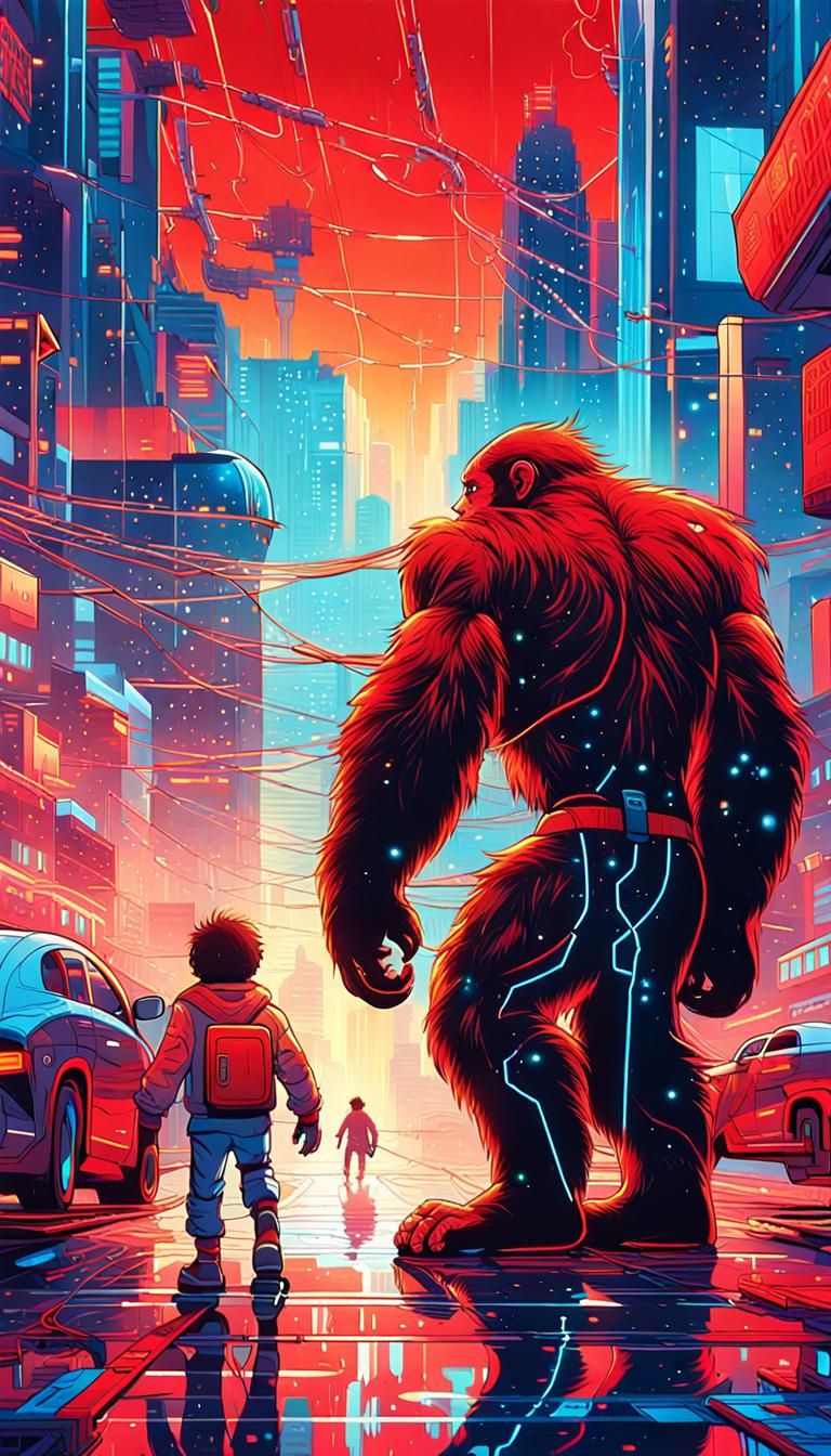 Cyberpunk Ape and Tech Kid in Comic Style