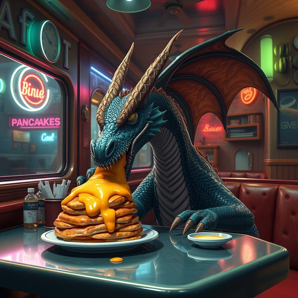 Dragon Devouring Pancakes in Retro Diner: Fantasy Art