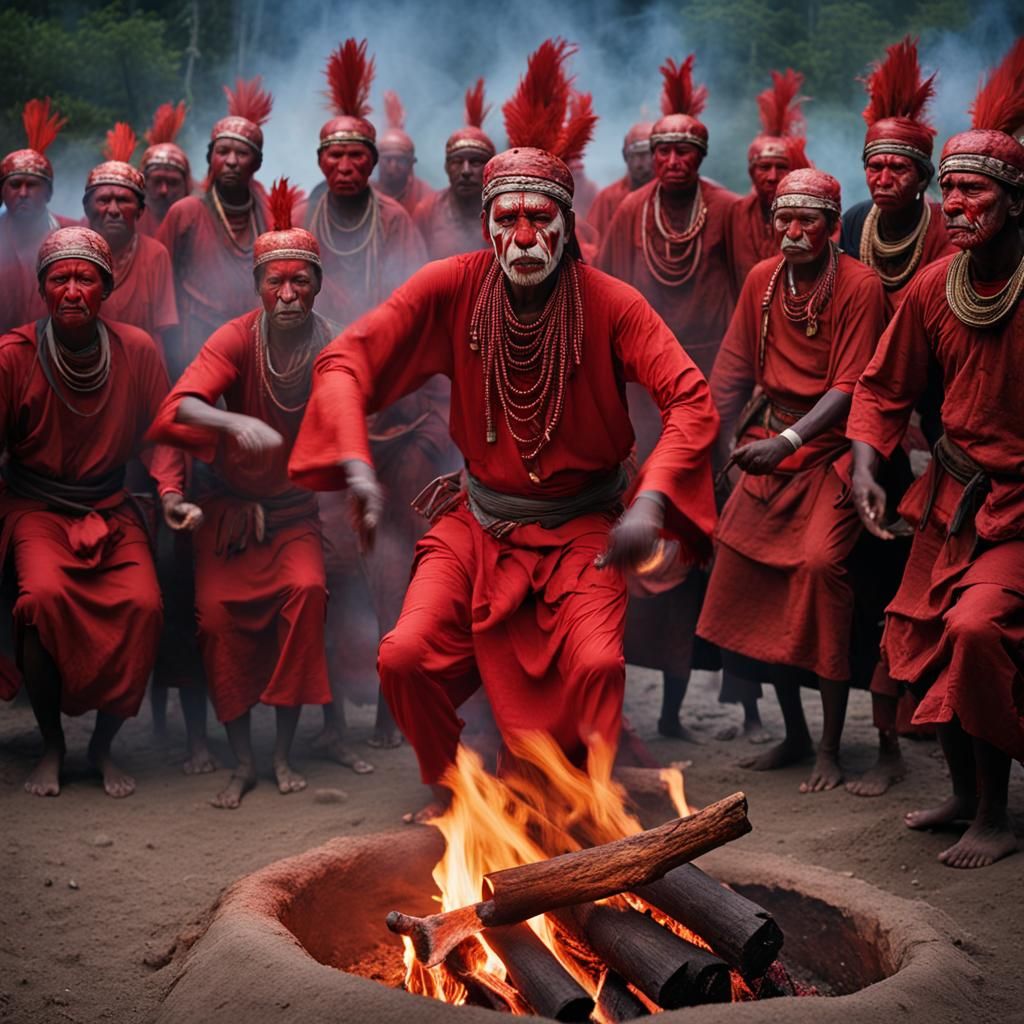 Red-Painted Warriors Perform Ritual Dance