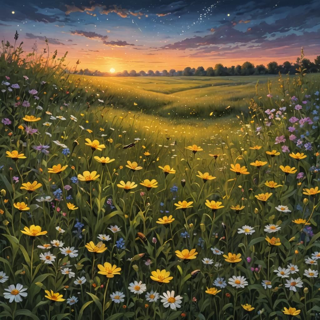 Fireflies Glow Over Wildflower Field at Sunset
