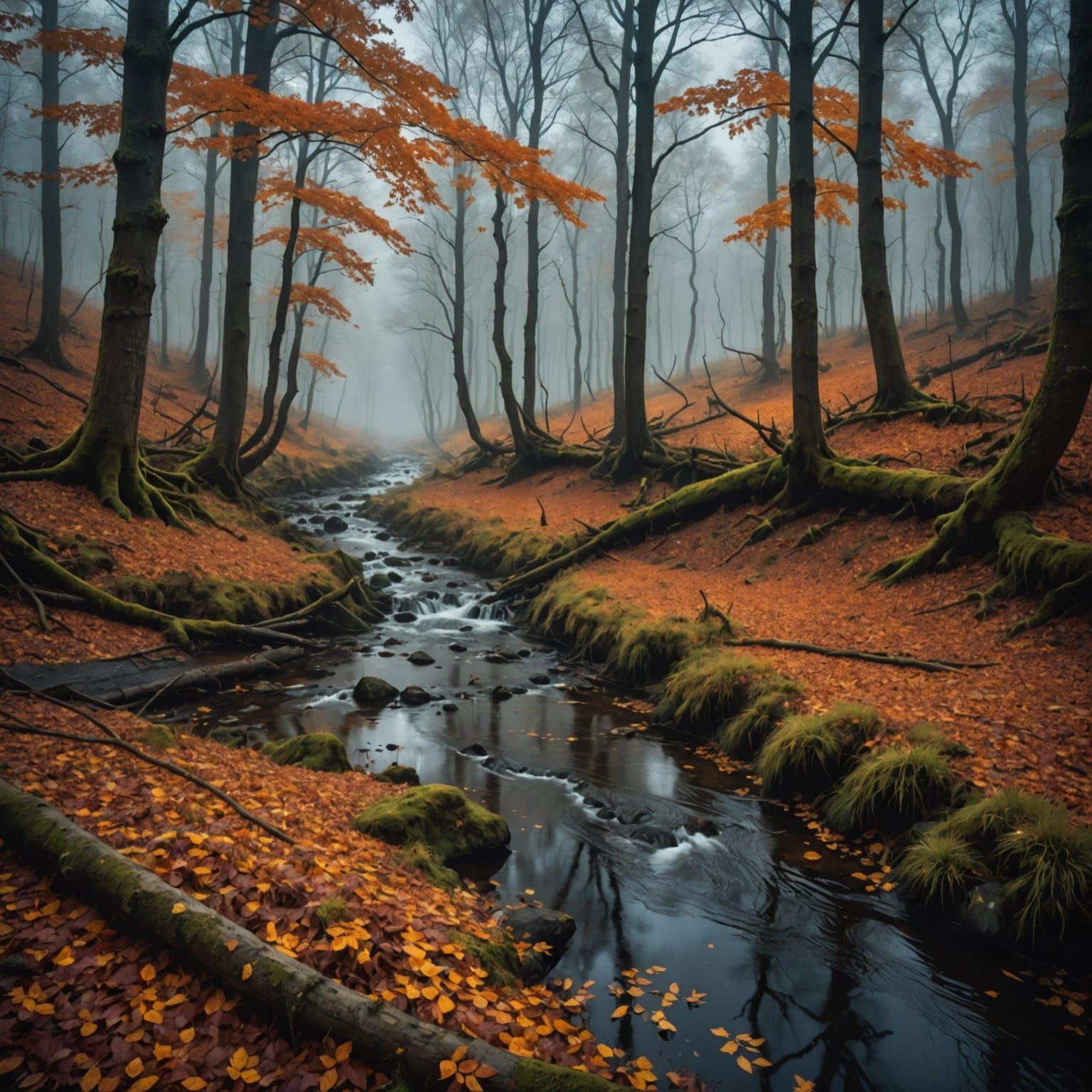 Autumn Foggy Forest Ravine with Moonlight