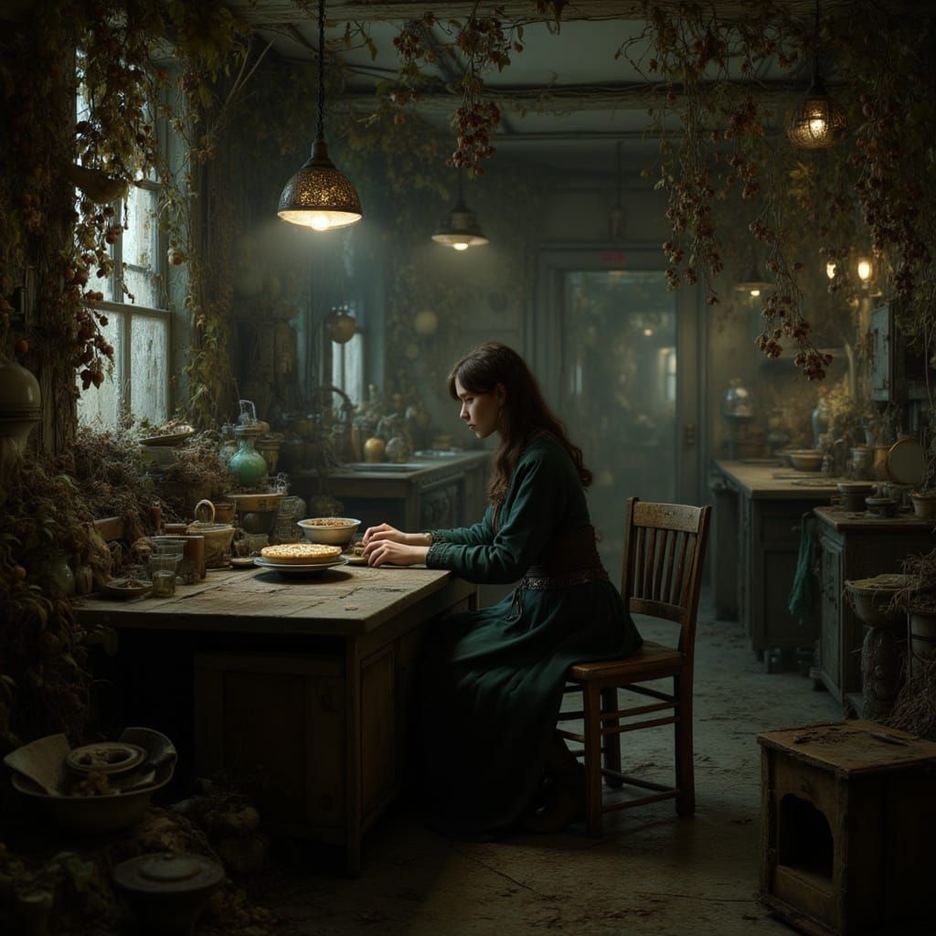 Post-Apocalyptic Kitchen with Bioluminescent Vines